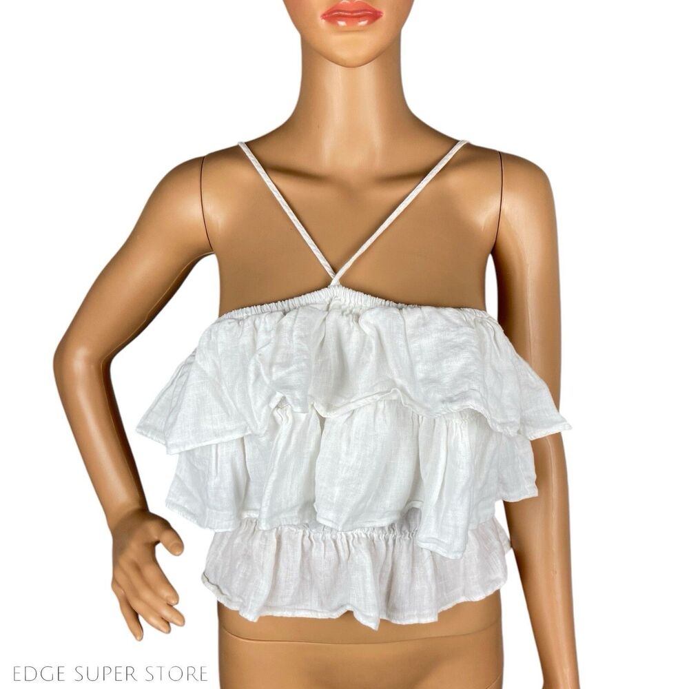 Zara White Linen Tiered Ruffle Open Back Sleeveless Crop Tank Top Size Small